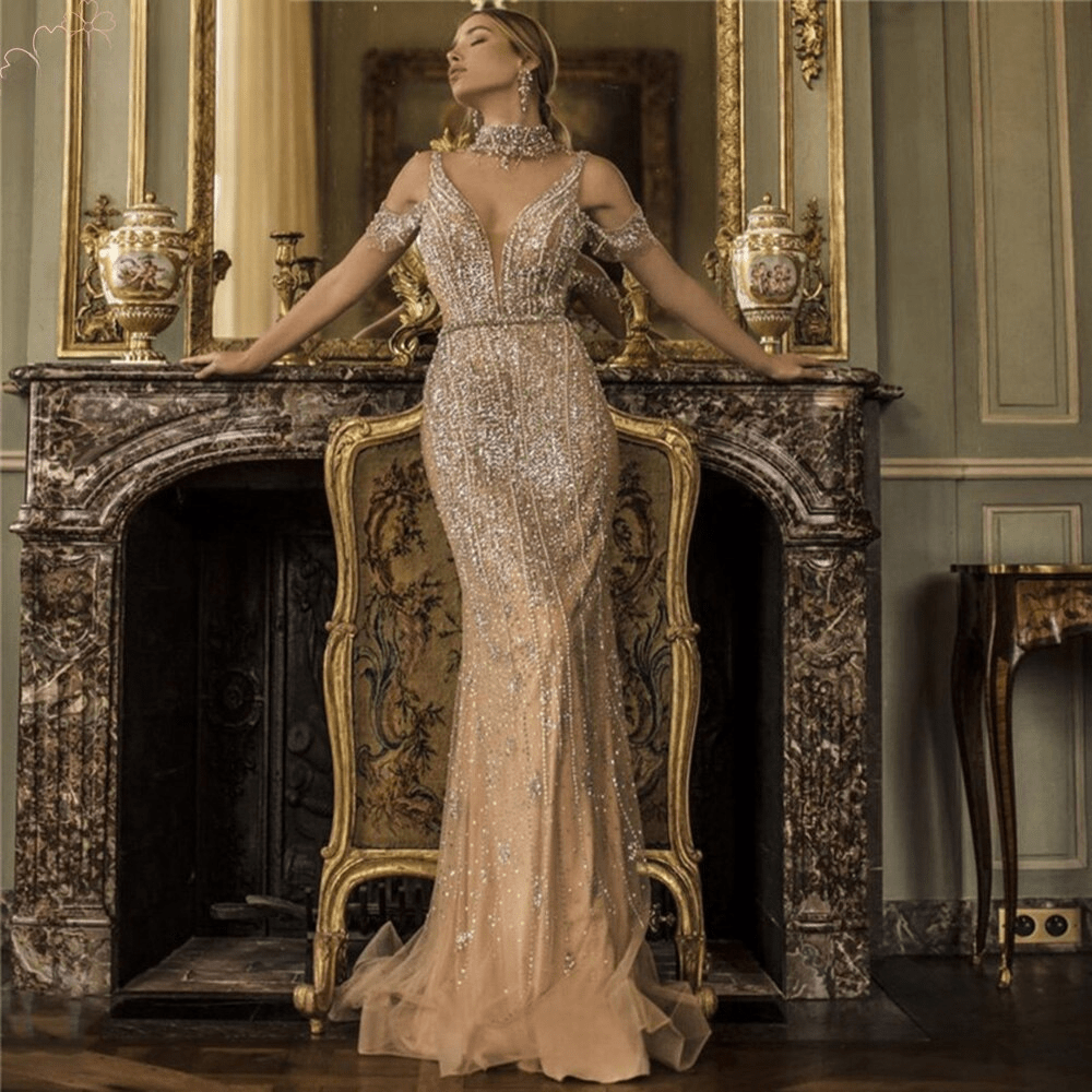 Elegant Evening Night High Neck Long Formal Prom Wedding Party Gowns