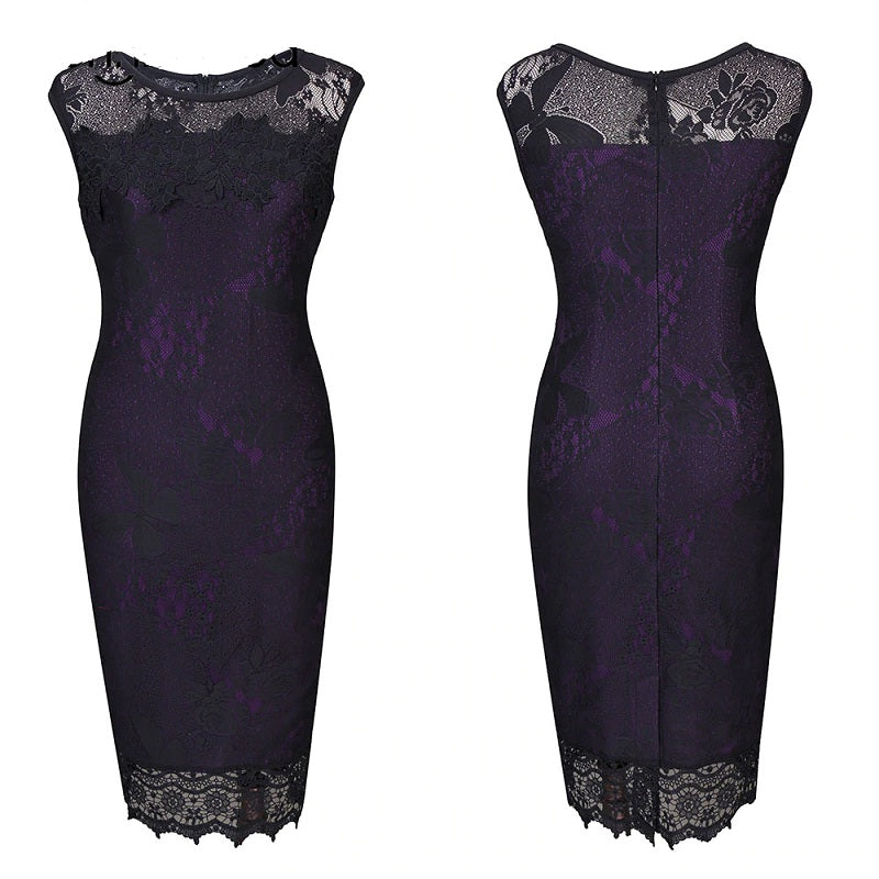 Elegant O-Neck Office Work Lace Slim Sheath Chiffon Dress