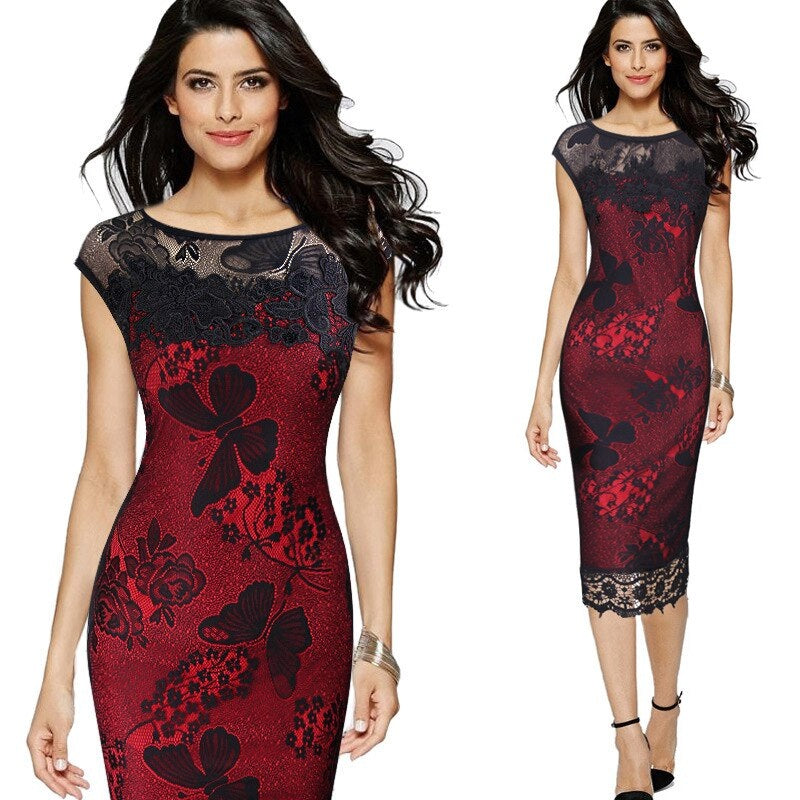 Elegant O-Neck Office Work Lace Slim Sheath Chiffon Dress