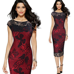 Elegant O-Neck Office Work Lace Slim Sheath Chiffon Dress
