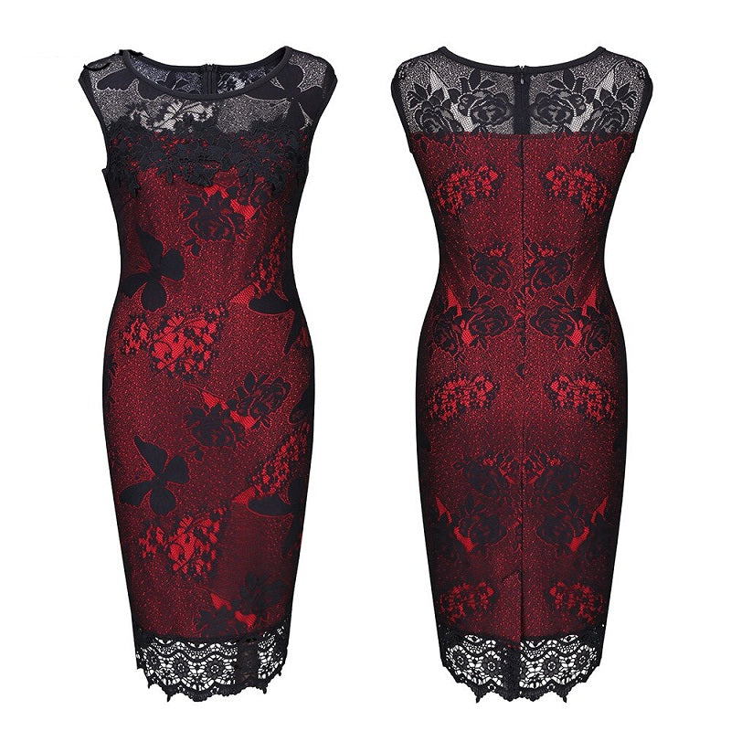 Elegant O-Neck Office Work Lace Slim Sheath Chiffon Dress