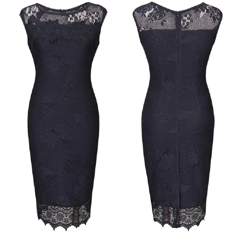 Elegant O-Neck Office Work Lace Slim Sheath Chiffon Dress