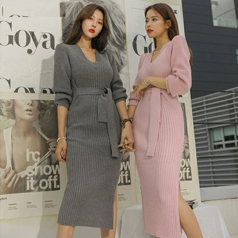 Elegant V-neck Lace Up Sweater Dress