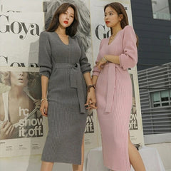 Elegant V-neck Lace Up Sweater Dress