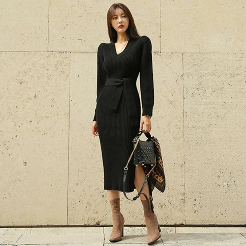 Elegant V-neck Lace Up Sweater Dress