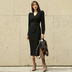 Elegant V-neck Lace Up Sweater Dress
