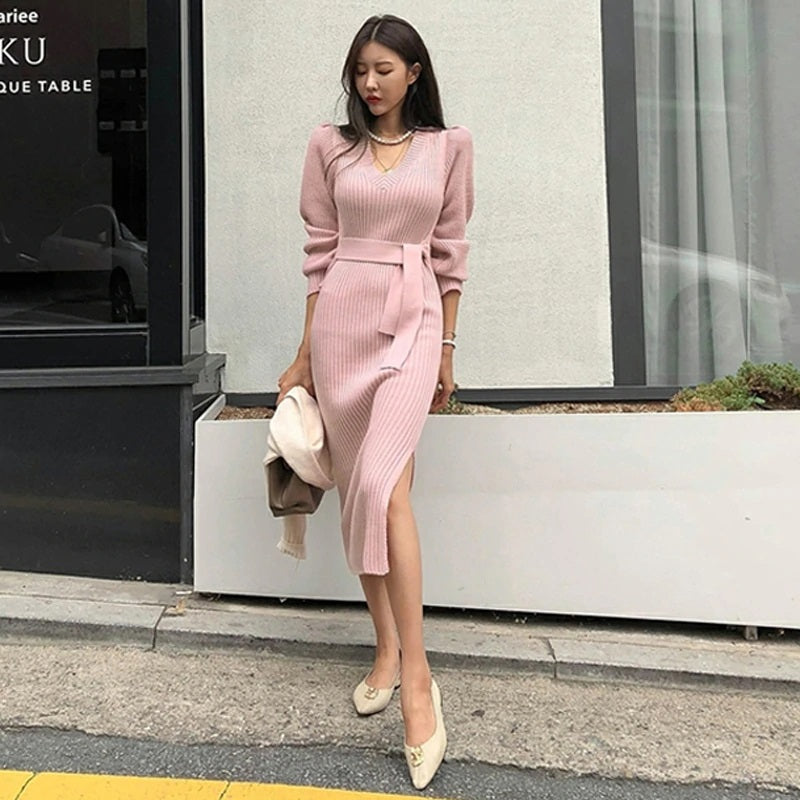 Elegant V-neck Lace Up Sweater Dress