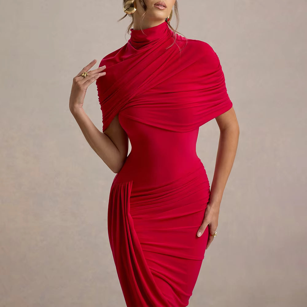 Elegant Shawl Elastic Backless Slim Tight Pleated Irregular Dress