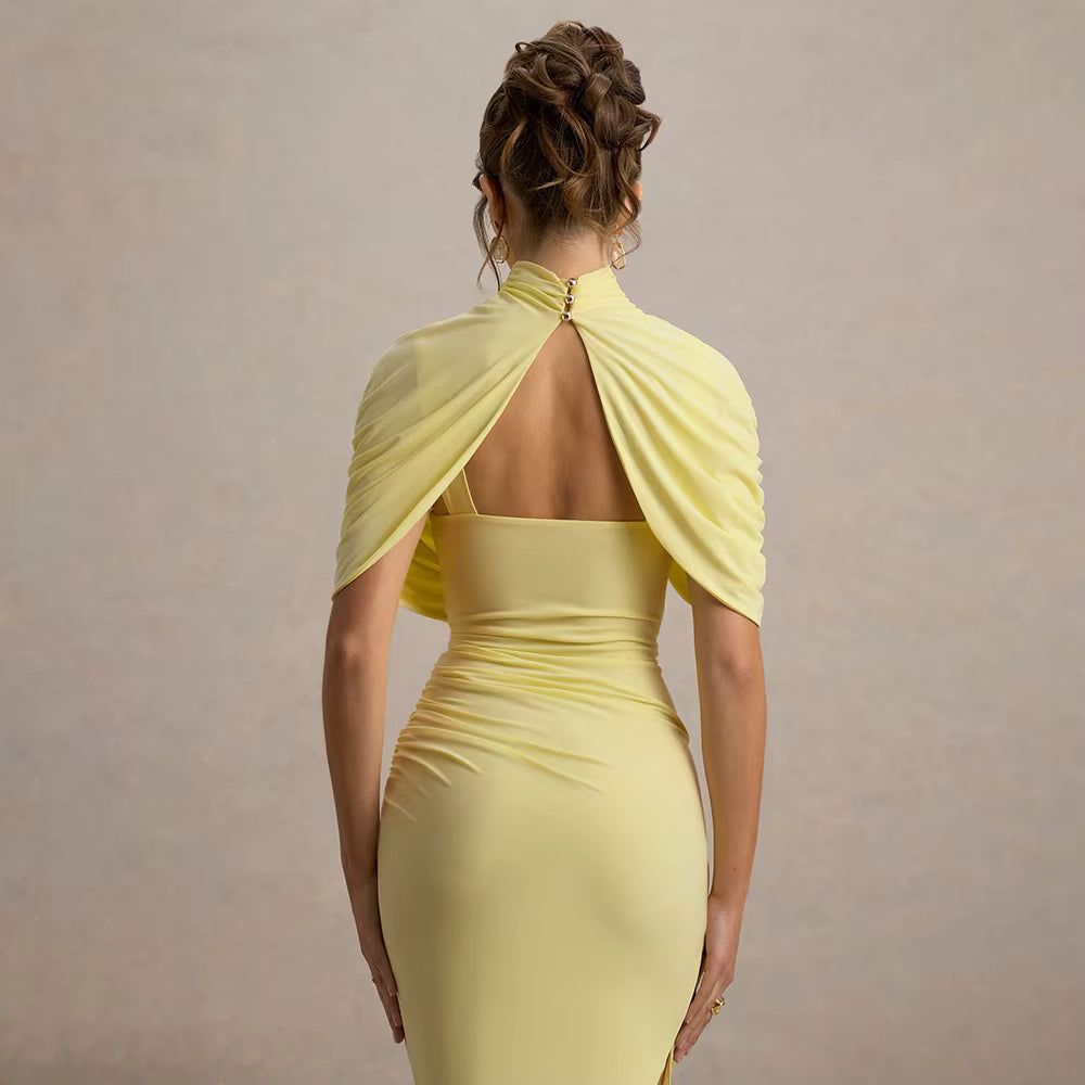 Elegant Shawl Elastic Backless Slim Tight Pleated Irregular Dress