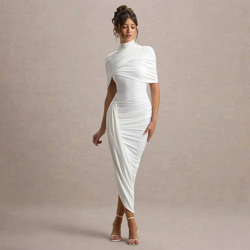 Elegant Shawl Elastic Backless Slim Tight Pleated Irregular Dress