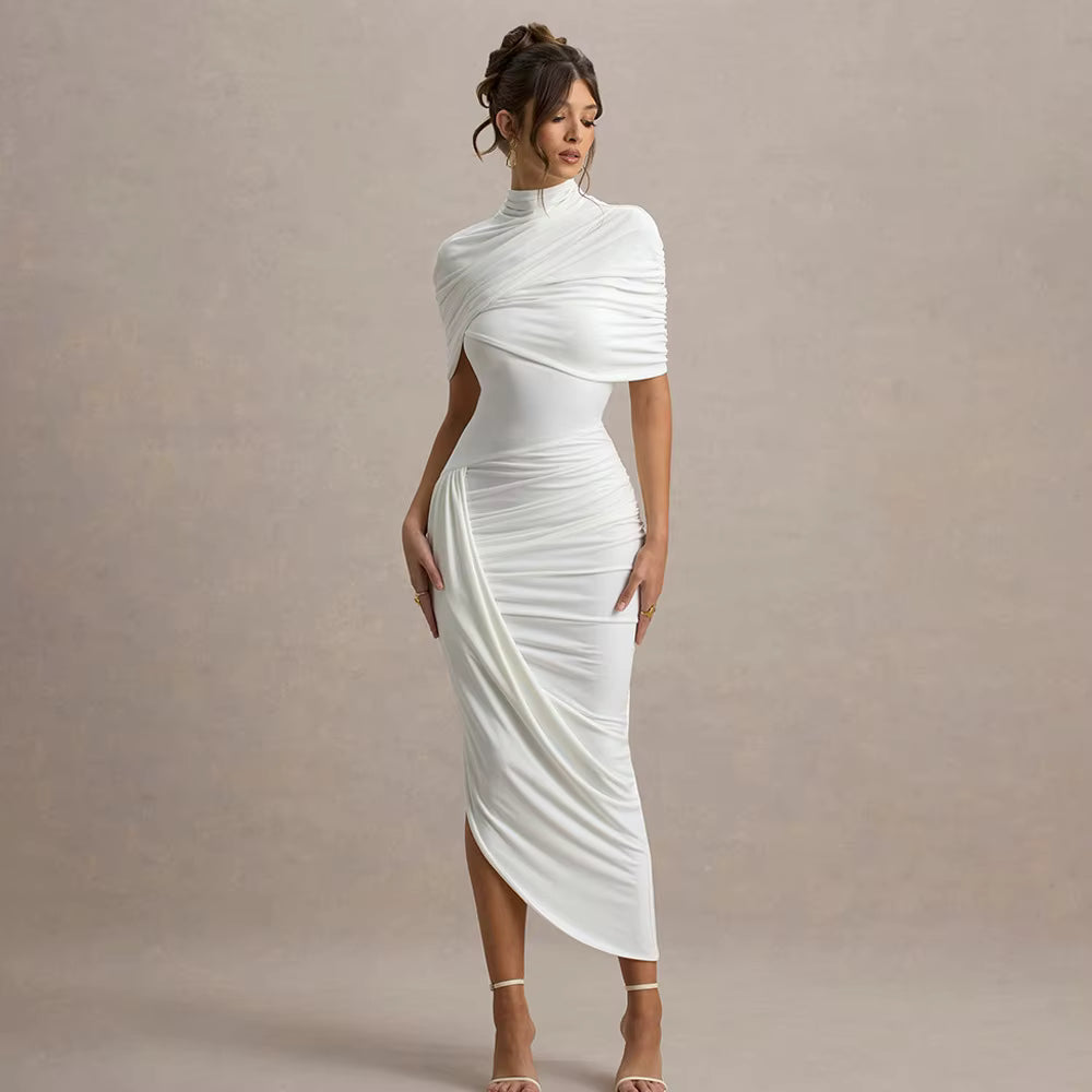 Elegant Shawl Elastic Backless Slim Tight Pleated Irregular Dress