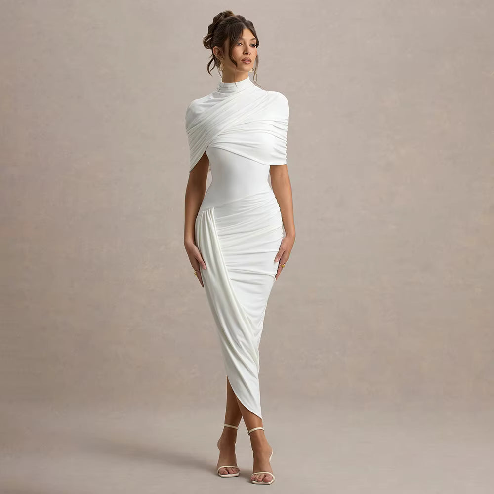 Elegant Shawl Elastic Backless Slim Tight Pleated Irregular Dress