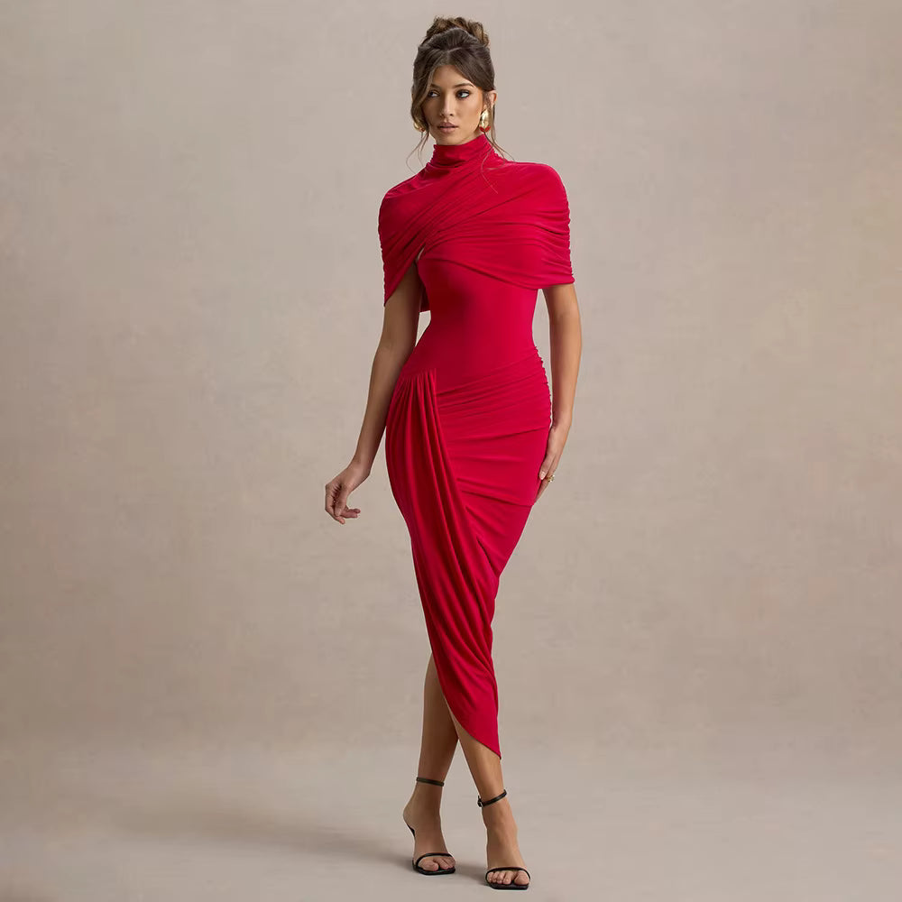 Elegant Shawl Elastic Backless Slim Tight Pleated Irregular Dress