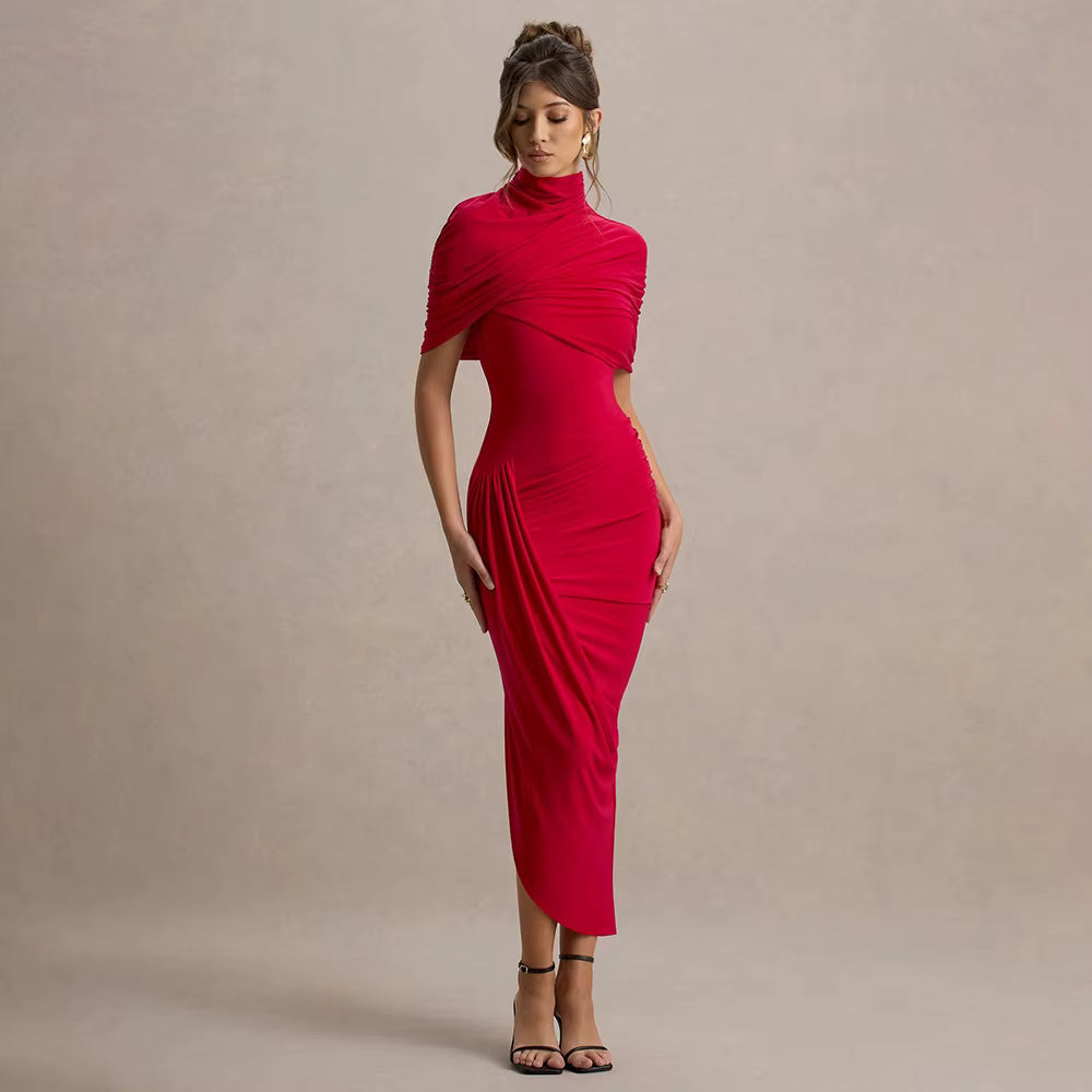 Elegant Shawl Elastic Backless Slim Tight Pleated Irregular Dress