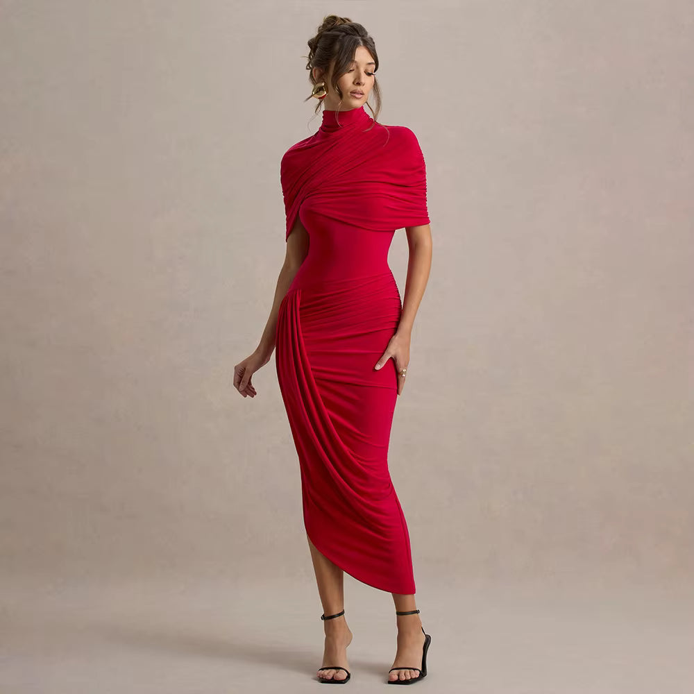 Elegant Shawl Elastic Backless Slim Tight Pleated Irregular Dress