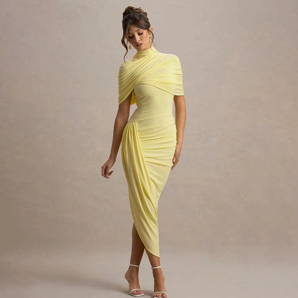Elegant Shawl Elastic Backless Slim Tight Pleated Irregular Dress