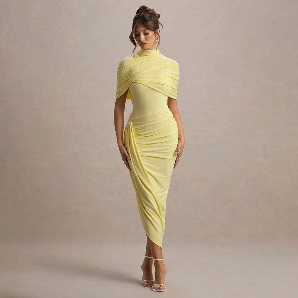 Elegant Shawl Elastic Backless Slim Tight Pleated Irregular Dress