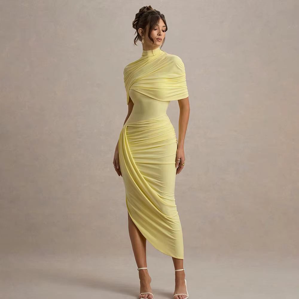 Elegant Shawl Elastic Backless Slim Tight Pleated Irregular Dress