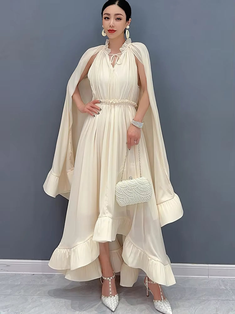 Elegant Shawl Sleeves V-Neck Ruffled Chiffon Maxi Dress