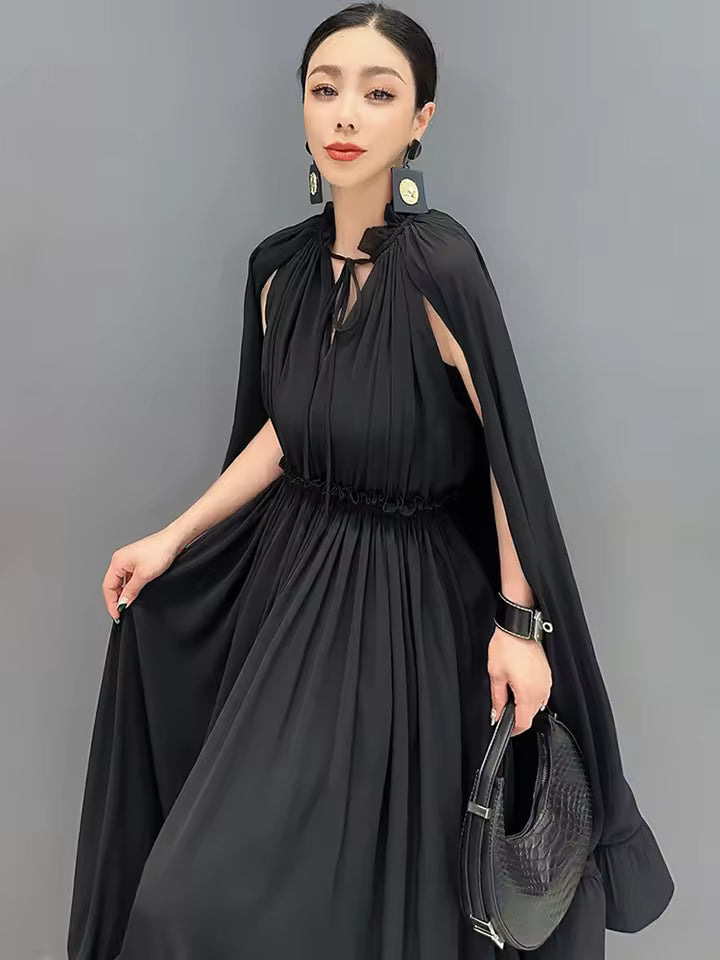 Elegant Shawl Sleeves V-Neck Ruffled Chiffon Maxi Dress