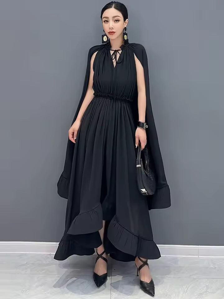 Elegant Shawl Sleeves V-Neck Ruffled Chiffon Maxi Dress