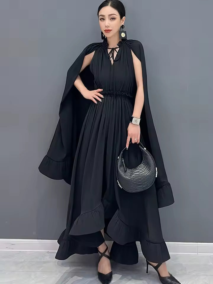 Elegant Shawl Sleeves V-Neck Ruffled Chiffon Maxi Dress