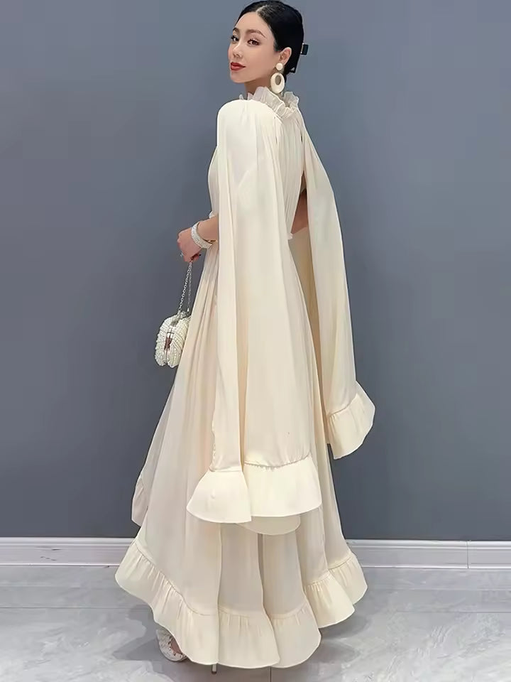 Elegant Shawl Sleeves V-Neck Ruffled Chiffon Maxi Dress