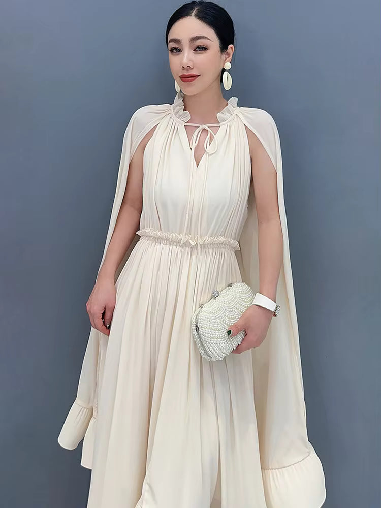 Elegant Shawl Sleeves V-Neck Ruffled Chiffon Maxi Dress