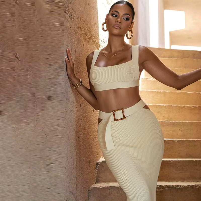 Elegant Sheath Buttocks Slimming Suspender Top Belted Ankle-Length Skirt Two-Piece Set