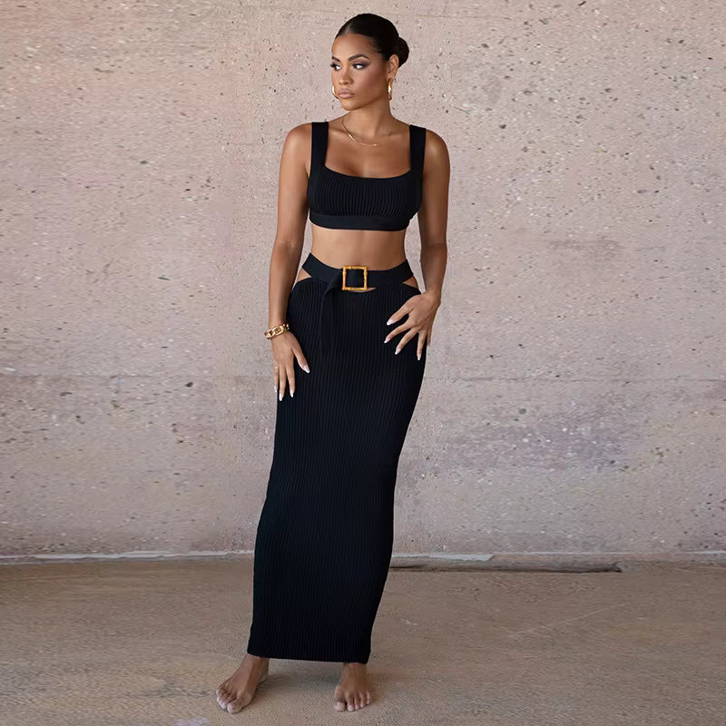 Elegant Sheath Buttocks Slimming Suspender Top Belted Ankle-Length Skirt Two-Piece Set
