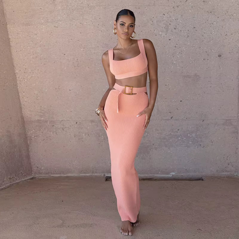 Elegant Sheath Buttocks Slimming Suspender Top Belted Ankle-Length Skirt Two-Piece Set