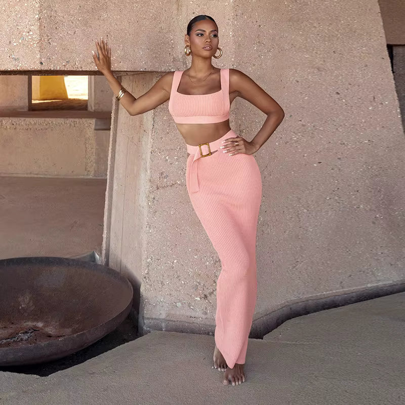 Elegant Sheath Buttocks Slimming Suspender Top Belted Ankle-Length Skirt Two-Piece Set