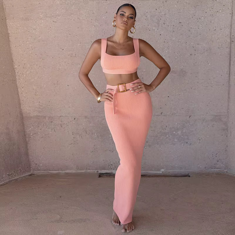 Elegant Sheath Buttocks Slimming Suspender Top Belted Ankle-Length Skirt Two-Piece Set