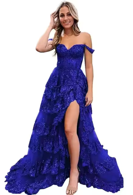Elegant Sheath Lace High Slit Strapless Floor Length Gown