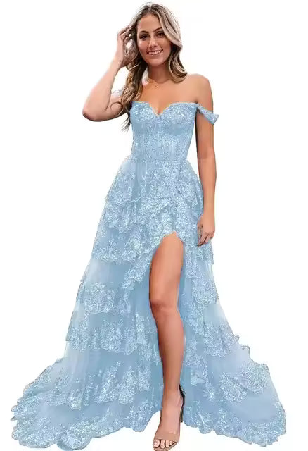 Elegant Sheath Lace High Slit Strapless Floor Length Gown