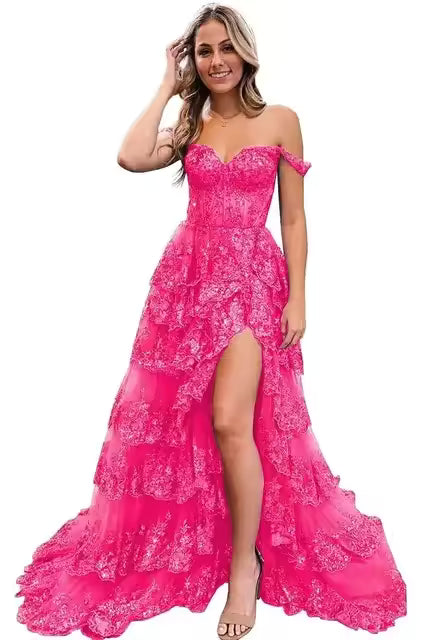 Elegant Sheath Lace High Slit Strapless Floor Length Gown