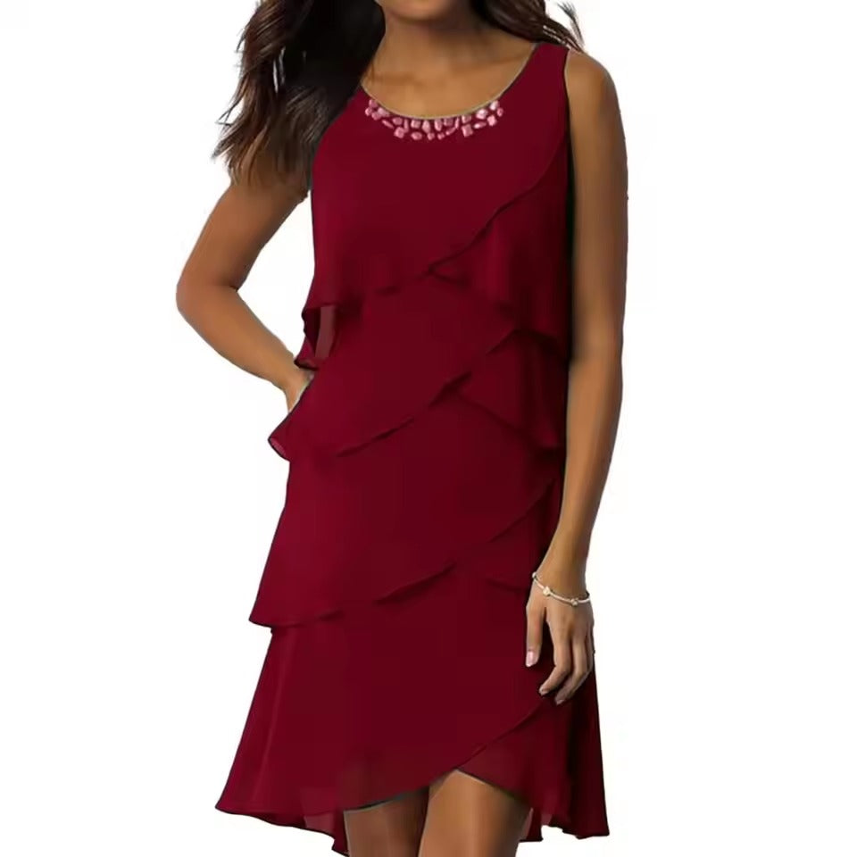 Elegant Sheath O-neck Decorated Layered Chiffon Mini Dress