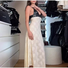 Elegant Sheath Sequins Leather Lace Patchwork Midi Dress