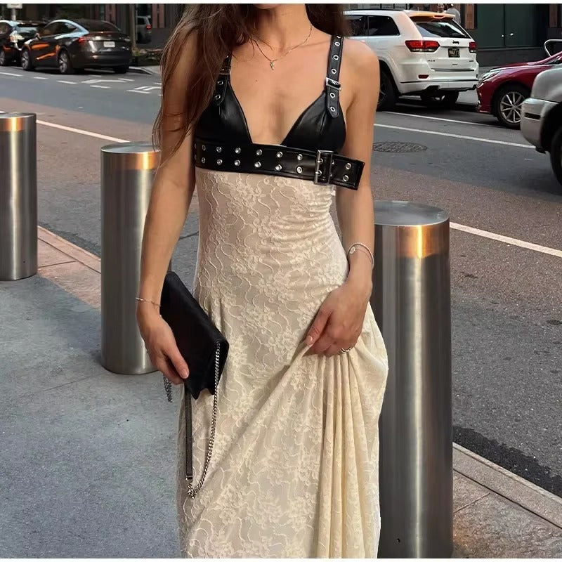 Elegant Sheath Sequins Leather Lace Patchwork Midi Dress