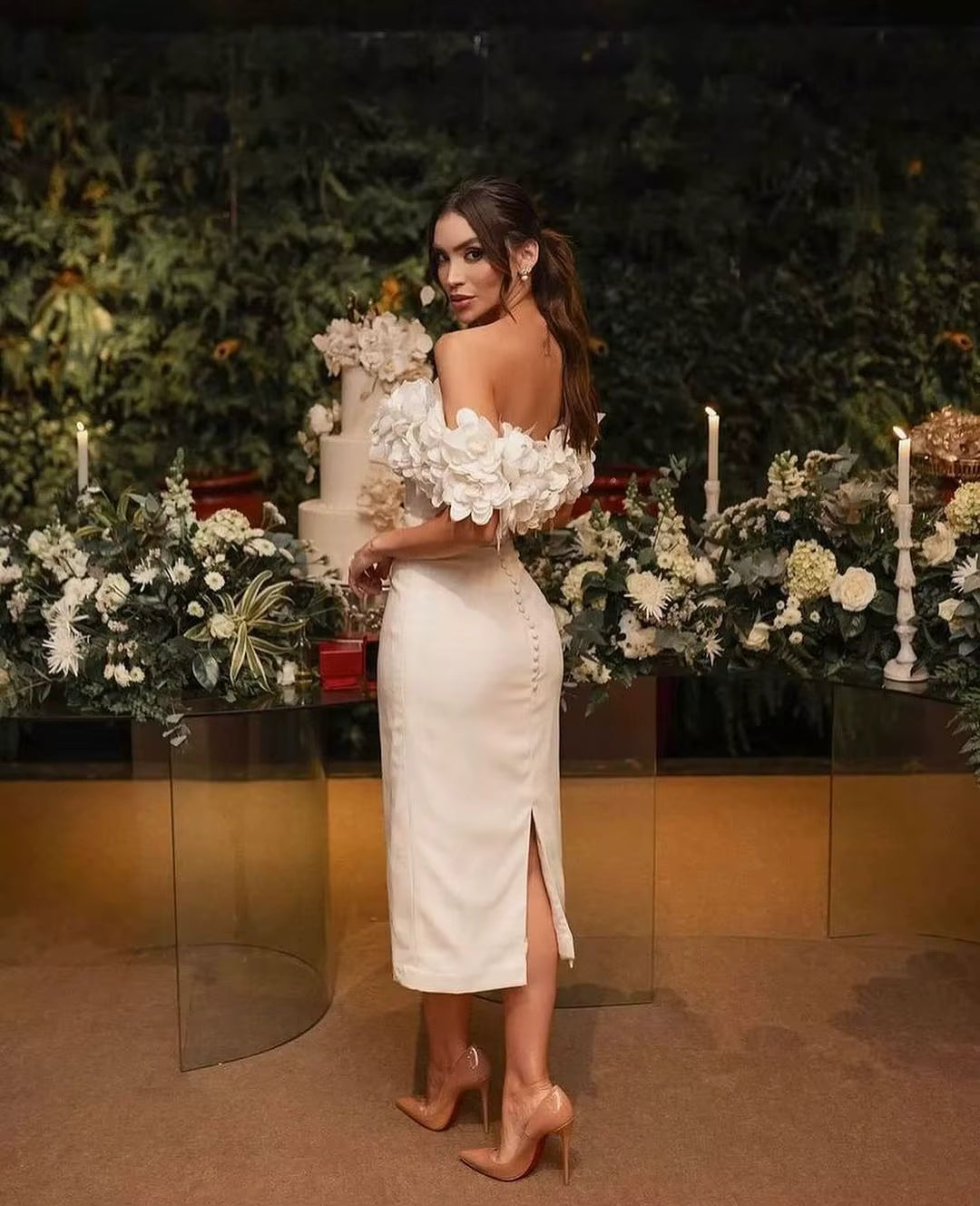 Elegant Sheath Stretch Off The Shoulder 3D Floral Tea Length Dress