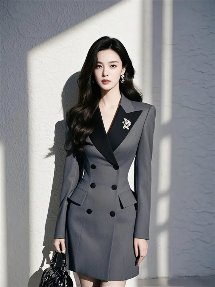 Elegant Sheath Turn-Down Collar Office Style Patchwork Suit Blazer Dress
