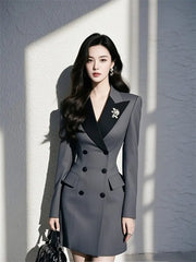 Elegant Sheath Turn-Down Collar Office Style Patchwork Suit Blazer Dress