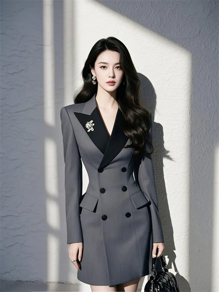 Elegant Sheath Turn-Down Collar Office Style Patchwork Suit Blazer Dress