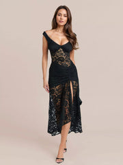 Elegant Sheer Lace Sleeveless Maxi Dress With High Slit