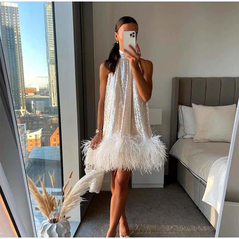 Elegant Shiny Feather Patchwork Halter Mini Dress