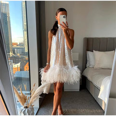 Elegant Shiny Feather Patchwork Halter Mini Dress