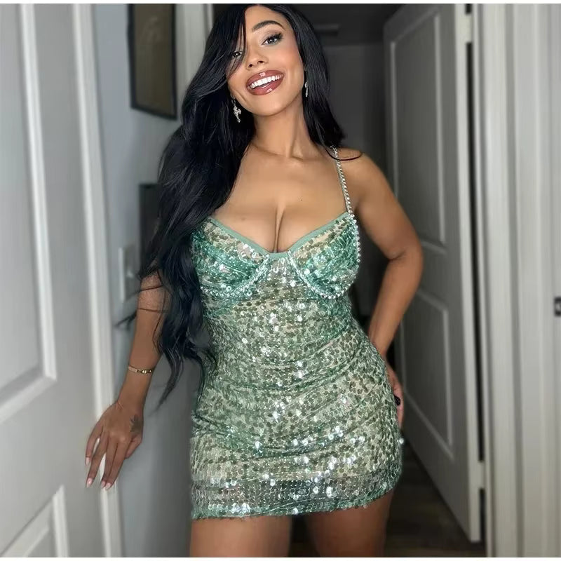 Elegant Shiny Slim Backless Sleeveless Sequin Slip Short Mini Dresses