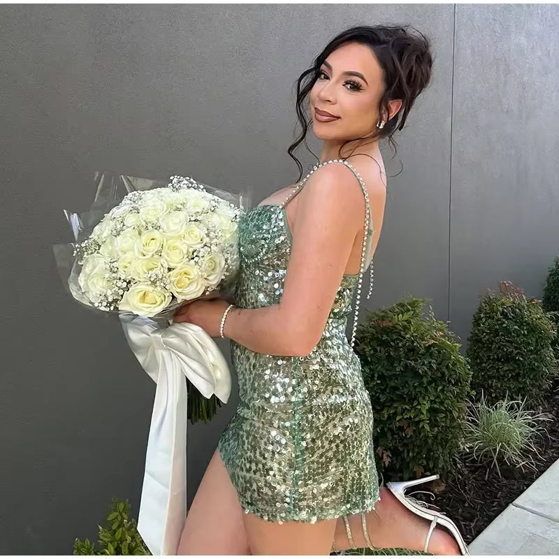 Elegant Shiny Slim Backless Sleeveless Sequin Slip Short Mini Dresses