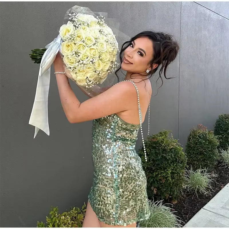 Elegant Shiny Slim Backless Sleeveless Sequin Slip Short Mini Dresses