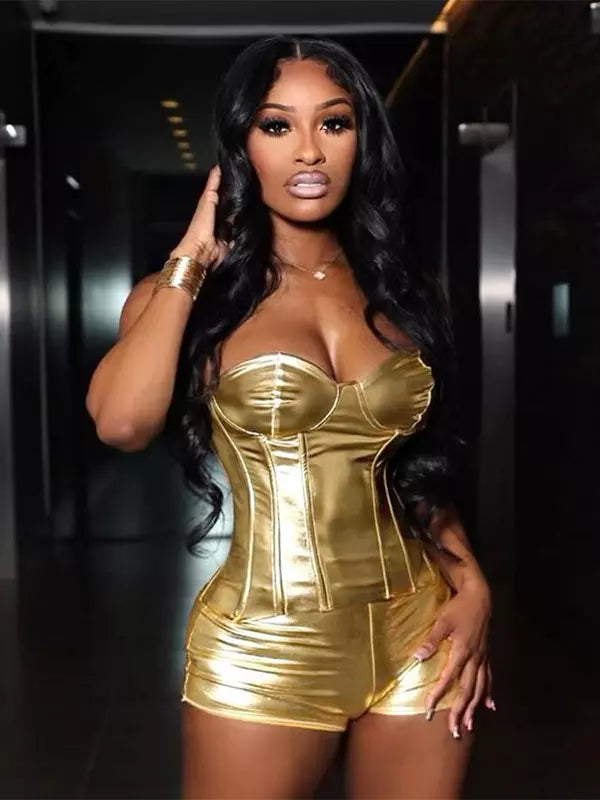 Elegant Shiny Sweetheart Corset Top And Mini Skirt Two-piece Set